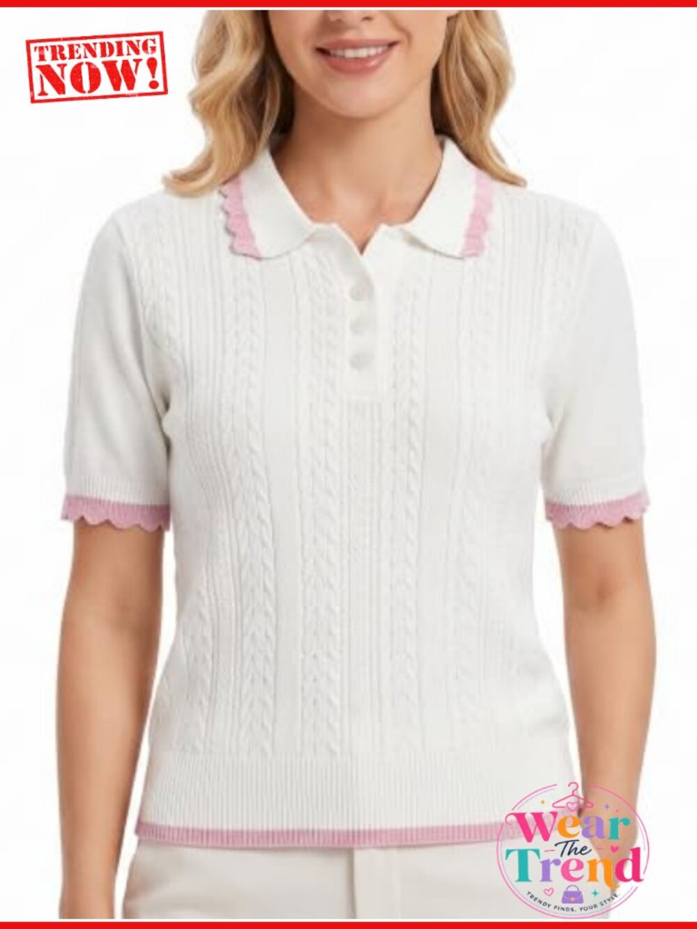 Women's Short Sleeve Sweater Knit V Neck Polo Shirt Breathable Cable Knit